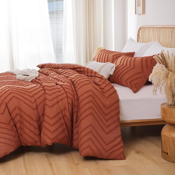 Forest Green Chevron Boho Textured King Size Bed Comforter Set Bedding Dark Pine - Picture 10 of 12